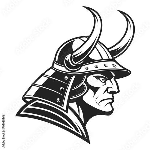 Fierce samurai warrior head profile in traditional armor with horned helmet symbolizing strength and honor in japanese culture