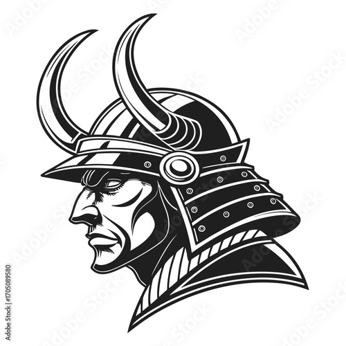 Profile of a fierce samurai warrior wearing a traditional kabuto helmet with prominent horns depicted in a bold black and white graphic style
