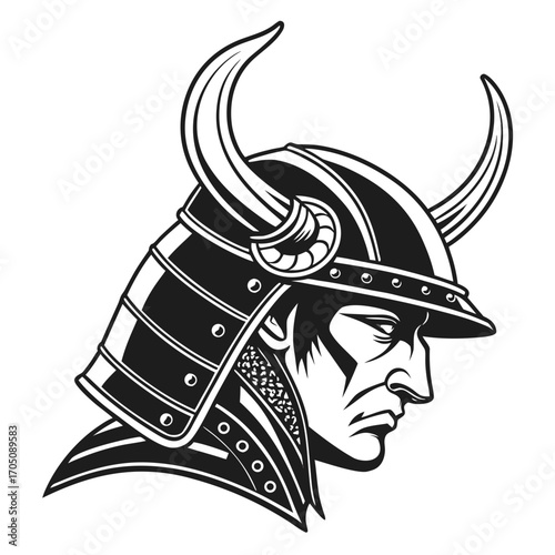 Intense samurai warrior head profile in traditional armor with horned helmet and fierce expression black and white illustration