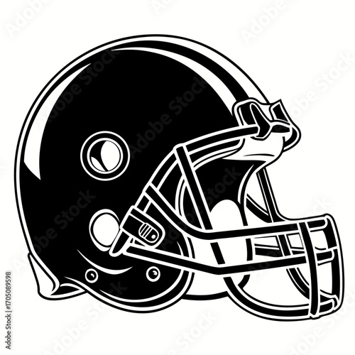 A classic black and white illustration of a football helmet with a face mask representing american football sports and athletic competition