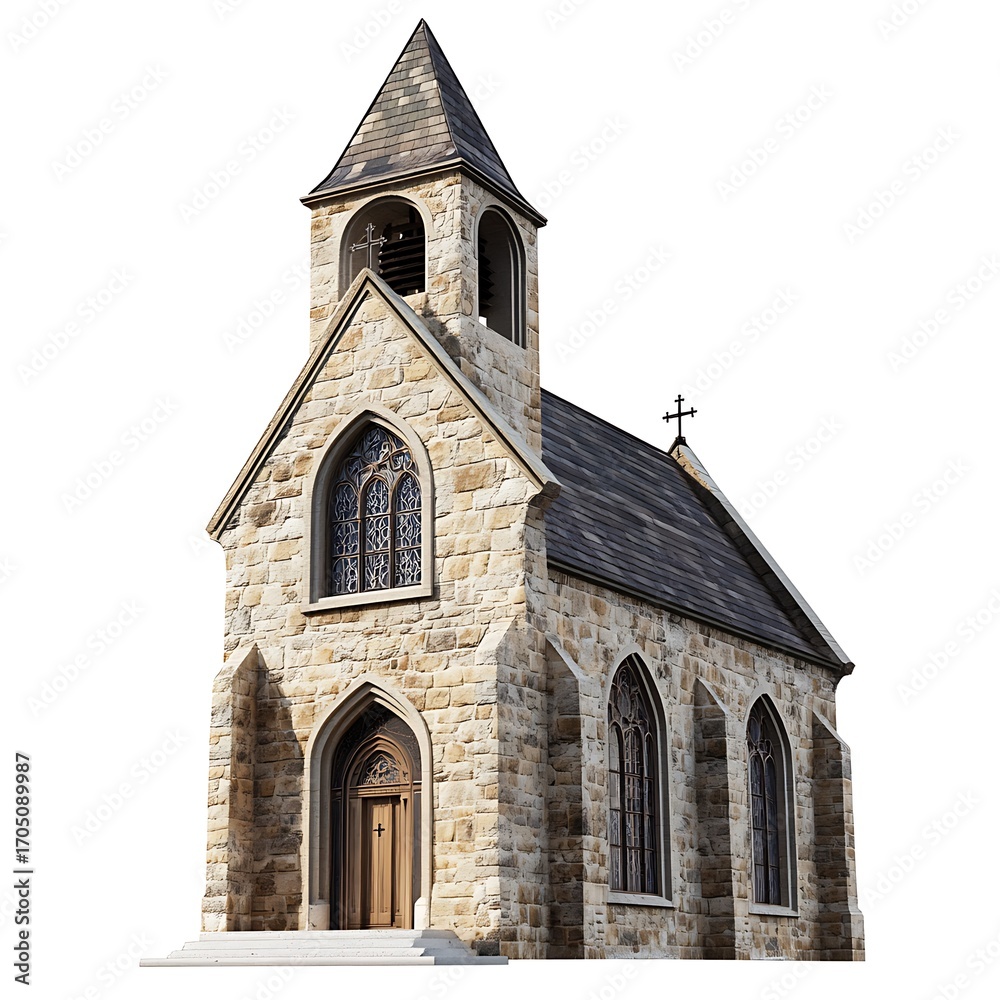 Fototapeta premium Old Stone Church: An ancient stone church stands with an open door, intricate details and a symbol of faith, with an atmosphere of history.