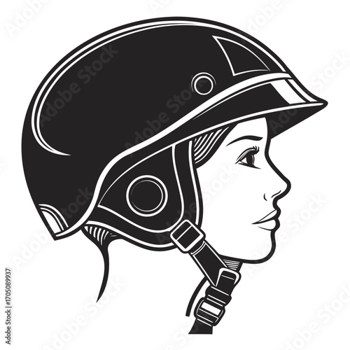 Profile of a woman wearing a classic black motorcycle helmet with a chin strap depicted in a bold black and white graphic illustration style