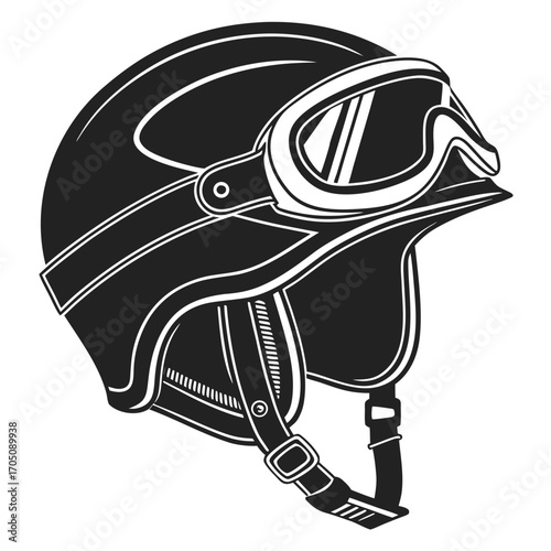 Classic retro motorcycle helmet with goggles and chin strap in a bold black and white graphic illustration style