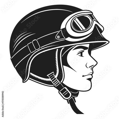 Stylized black and white profile illustration of a person wearing a vintage motorcycle helmet with goggles and chin strap
