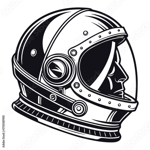 Retro astronaut helmet with a profile view of a human face inside a clear visor rendered in a bold black and white graphic style perfect for science fiction or space exploration themes