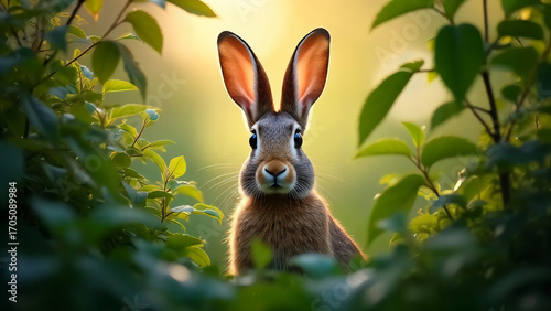 A captivating portrait of a rabbit nestled amidst lush greenery, its attentive gaze and soft fur are beautifully illuminated by the gentle sunlight filtering through the leaves.
