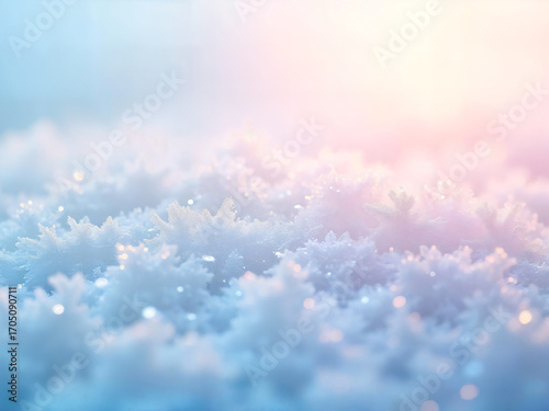 Close-up view of frost-covered plants kissed by the gentle morning light, displaying the exquisite beauty of winter. 