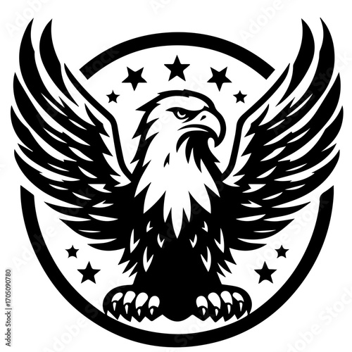 Stylized bald eagle with spread wings and stars inside a circle in black and white vector design