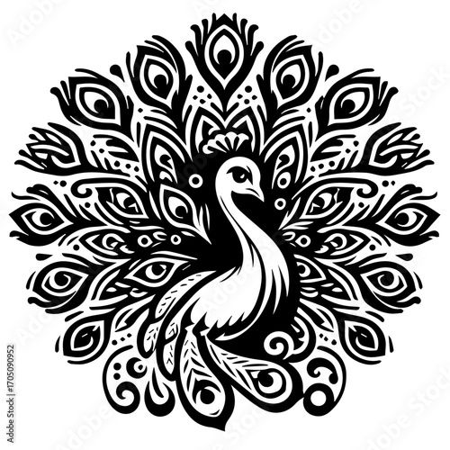 Detailed black and white illustration of a peacock with ornate feather designs and circular arrangement