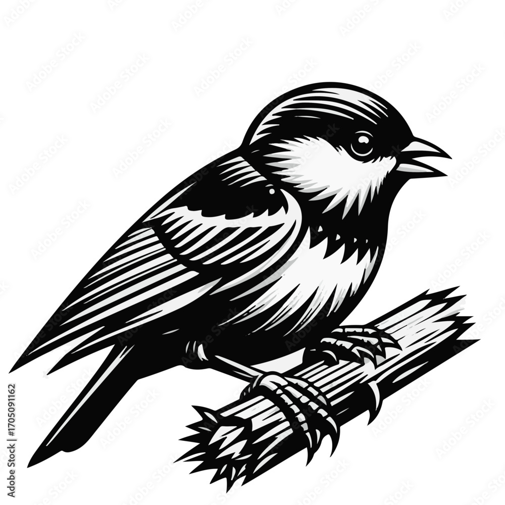 Fototapeta premium Illustration of a bird perched on a branch with detailed line work in black and white graphic style design