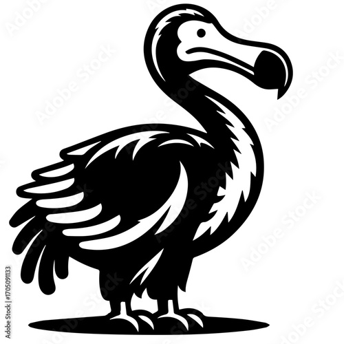 Illustration of a dodo bird in black and white with a distinctive beak and stylized feather details