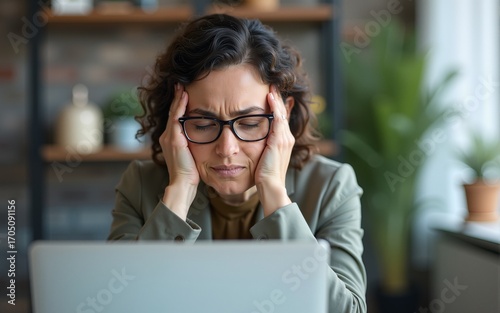 Tired worried stressed 40 years old mature mid aged business woman wearing eyeglasses having headache at workplace feeling pain or burnout working on laptop computer in office. High quality