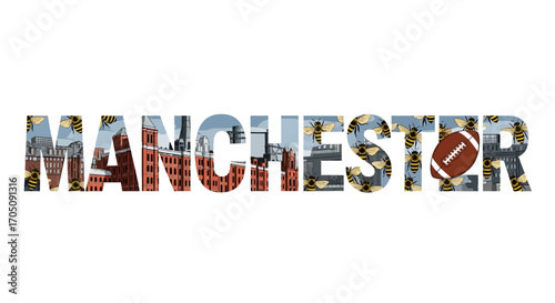 Manchester City Bees with buildings and football.