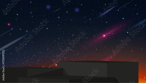 Sky Starry Universe Background,Black 3d Podium stand on Galaxy Space,Cloud with Nebula,Stars in Winter Night,Nature Stardust Milky way galaxy,Banner for Christmas ,New Year,Black Friday
