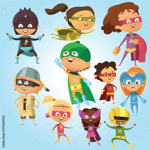 Cartoon Style Cheerful Superhero Children Characters Group Illustration