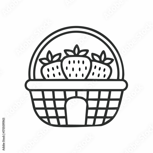 Line art illustration of a woven basket brimming with ripe strawberries, perfect for logos and simplistic designs