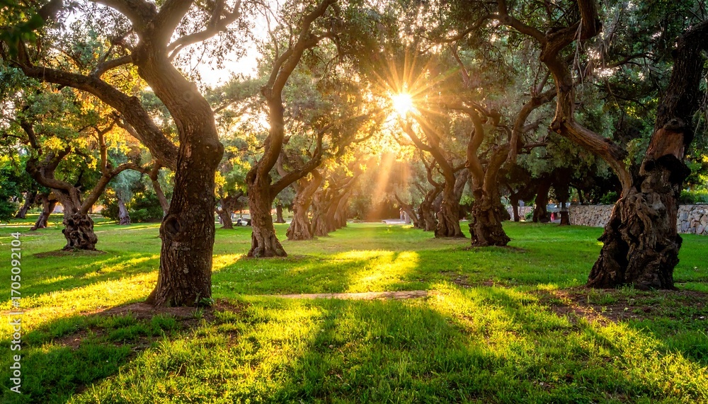 Obraz premium Sun bursts through arched trees, illuminating a green lawn with dappled light, creating a tranquil, golden landscape