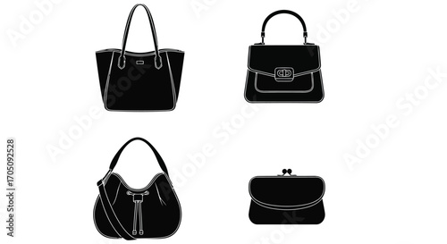 Vector illustration of set of black handbag silhouettes
