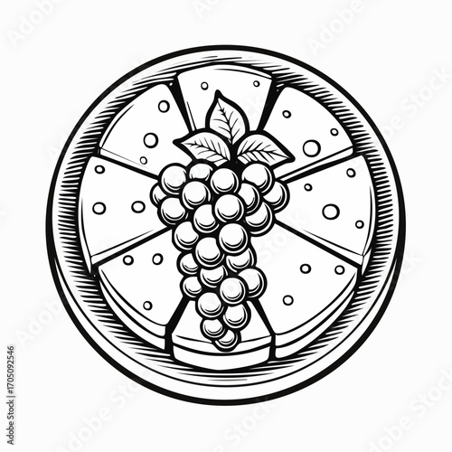 Elegant Black and White Illustration of Grapes and Cheese on a Decorative Plate
