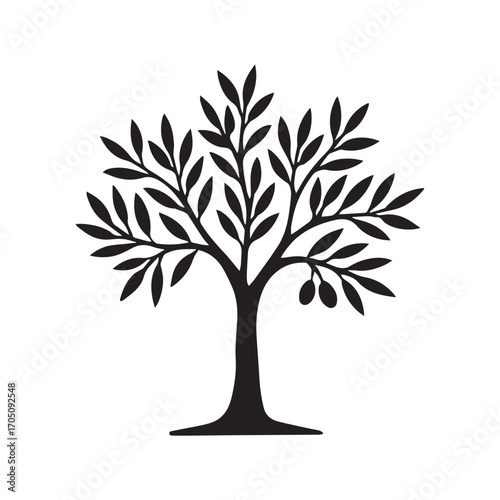 A detailed vector silhouette of a tree with lush leaves, spreading branches, and visible roots symbolizes the vibrant cycle of nature and life's endless growth