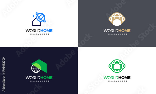 Set of World home logo designs concept vector, globe house logo template, Design concept for real estate agencies. Vector logo icon template.