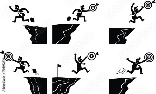 Businessman cartoon silhouettes jumping across gap, reaching target, goal achievement, overcoming obstacles, success concept, motivation, determination, challenge