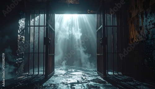 Open prison cell door with bright light streaming in symbolizing hope and freedom.