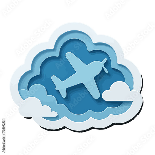 Paper cut style airplane in cloudy sky design for travel and aviation themes