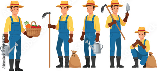 Agricultural worker character design set. A male farmer in multiple poses with gardening tools like a hoe and watering can, presented as a vector illustration collection