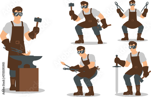 A collection of vector illustrations depicting a skilled blacksmith character in various action poses with traditional forging tools