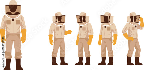 A collection of beekeeper character illustrations in a protective suit, featuring various poses and gestures for a vector graphic set