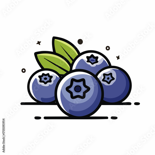 A simple and cute cartoon illustration of fresh blueberries with green leaves. An isolated vector icon representing healthy eating, organic superfoods, and natural vitamins