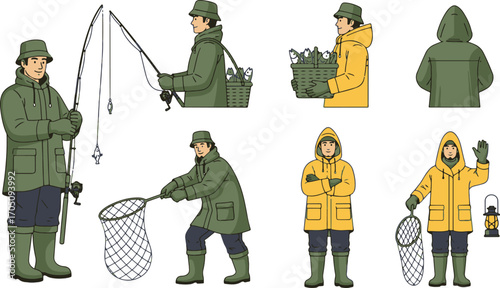 Vector illustration set of a fisherman character in various poses. Angler with fishing rod, net, and rain gear, isolated collection. 10.eps concept