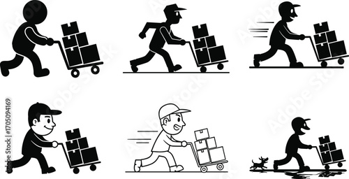 Courier delivery man pushing trolley with boxes silhouette, parcel shipping worker cartoon vector, pure black illustration design for logistics business
