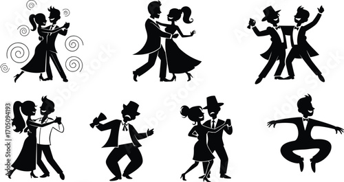 Couples dancing silhouette, ballroom and tango poses, elegant dancers illustration, romantic dance clipart, party celebration, swing dance artwork
