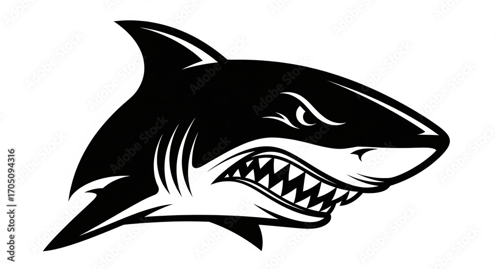 Naklejka premium Aggressive Black and White Shark Illustration with Sharp Teeth on Isolated transparent background