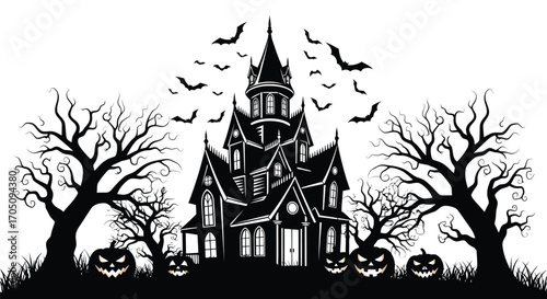 Vector illustration of spooky haunted house with bats and pumpkins for halloween