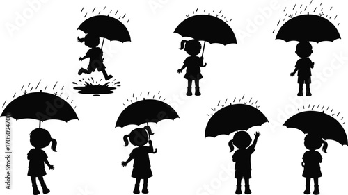 Cute little girl holding umbrella in rain silhouette, child playing puddles, rainy weather illustration vector, pure black cartoon design