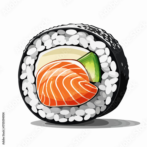 A detailed vector illustration of a fresh salmon and avocado sushi maki roll with cream cheese, isolated on a clean white background for a menu design