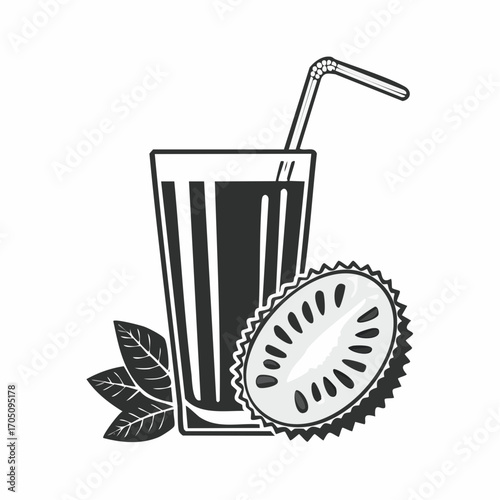 Monochrome vector icon of a refreshing durian fruit juice in a tall glass with a drinking straw, garnished with mint leaves and a slice of the exotic tropical fruit