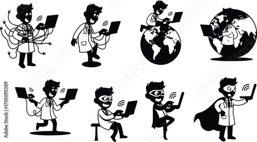 Doctor with laptop silhouette vector, telemedicine cartoon illustration, pure black design showing medical technology, digital healthcare, innovation and superhero concept