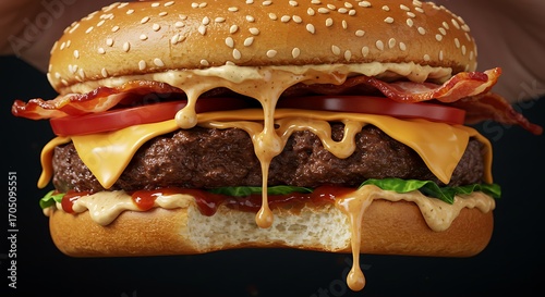 Closeup of a gourmet burger with bacon and cheese being bitten into, rich textures of meat and melted layers visible, ultra-realistic, 8k
