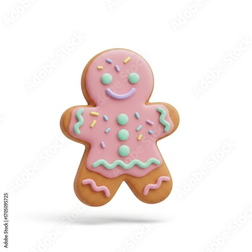 3D-rendered gingerbread man cookie with pink frosting, pastel sprinkles, and a simple smile, isolated on white