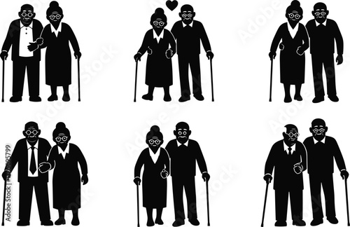 Elderly couple walking together, senior love, happy aging, retirement life, old age care, grandparents, affectionate seniors illustration