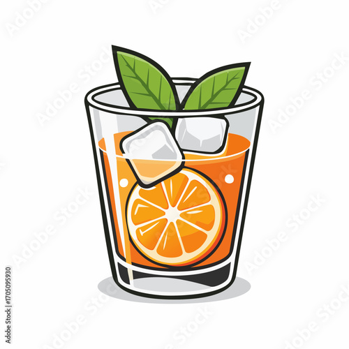 Vibrant vector illustration of a cold orange cocktail with a fresh citrus slice, ice cubes, and green mint leaves, perfect for summer menus