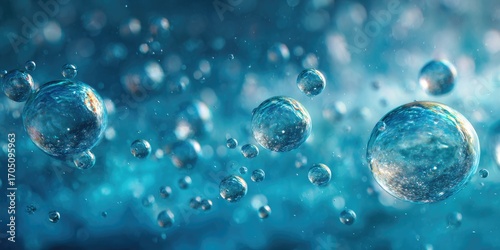 Wallpaper Mural Teal backdrop with many spherical bubbles, some large and reflecting a miniature planet-like image Torontodigital.ca