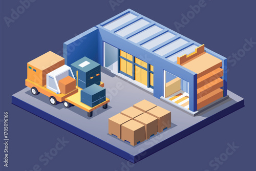 Modern Warehouse with Logistics Equipment and Cargo in Isometric View