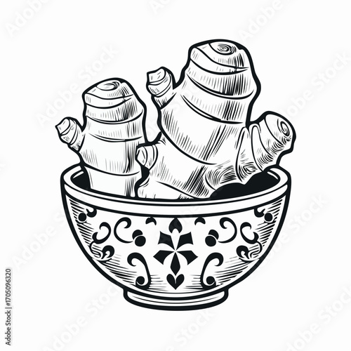 A detailed illustration of two ginger roots in a patterned bowl, perfect for culinary and health-related designs