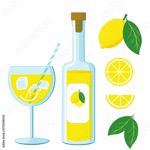 Limoncello spritz cocktail and lemon liqueur in bottle set of vector illustrations for bar and menu. Traditional italian aperitif and lemons copypart on isolated background.