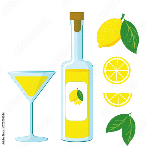 Limoncello spritzes cocktail and lemon liqueur in bottle set of vector illustrations for bar and menu. Traditional italian aperitif and lemons copypart on isolated background.